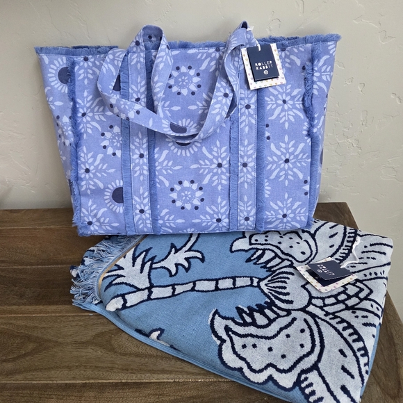 Roller Rabbit x Target Handbags - Roller Rabbit x Target Set - Blue Canvas Tote Bag & Floral Vines Beach Towel